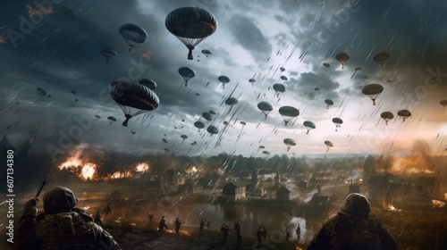 Visualize a thrilling airborne assault, with paratroopers descending from the sky, aircraft soaring overhead, and a chaotic battlefield unfolding below