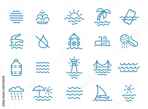 Water icon set. Editable outline stroke. Vector line.