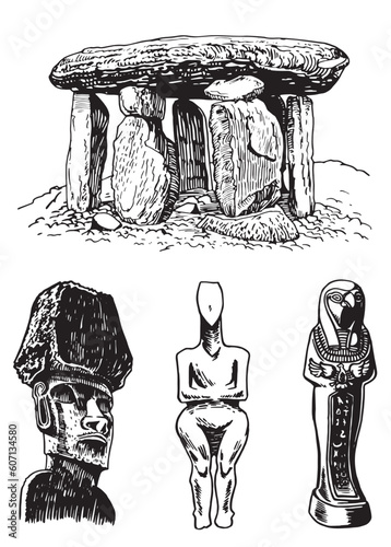 Graphical set of archeological artefacts , sightseeings isolated on white background. Vector dolmens, moai pharaoh ,holy mother and God ptah