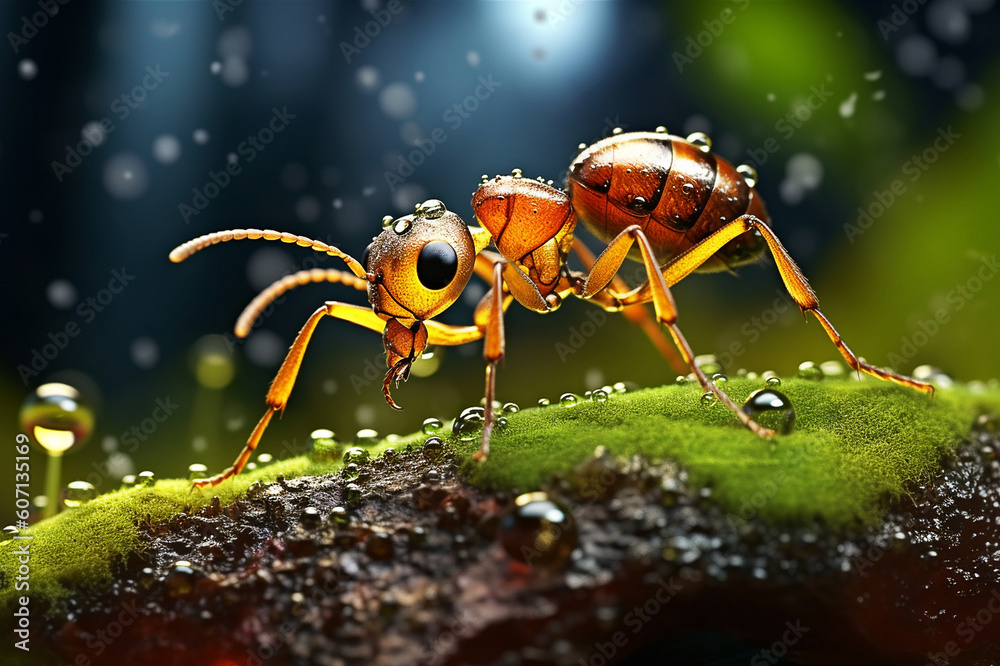 Ant on a tussock with moss and dew, close-up. Macro photography. Generative AI Ant on a tussock with moss and dew, close-up. Macro photography. Generative AI