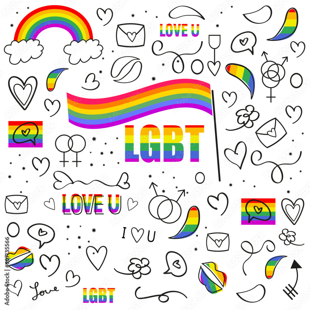 LGBT vector doodle, with figures of love and pride in line art, full color, icon LGBT vector doodle, with figures of love and pride in line art, full color, icon