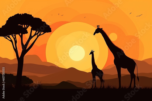 Giraffe and baby giraffe against the backdrop of the setting sun