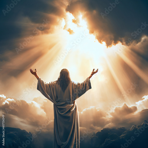 A silhouette of Jesus praying to god, light rays on sky, AI generated