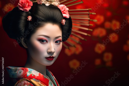 Portrait of fictional, not based on a real person japanese geisha. Generative AI