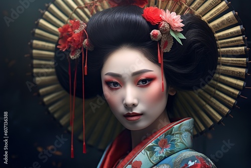 Portrait of fictional, not based on a real person japanese geisha. Generative AI