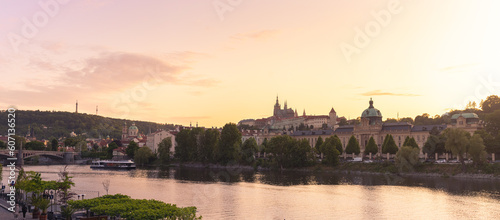 Prague Panorama with Prague Castle and Vltava River  Czech Republic