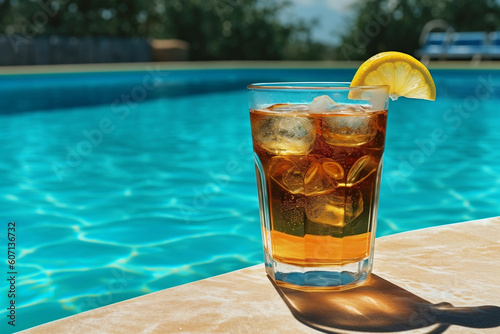whiskey and soda cocktail against at the pool sunny summer day, ai generated, Generative AI