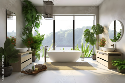 Urban jungle designwarm full furnished bathroom with grey walls and plants.Generated by AI.