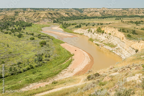 Bend in the muddy waters of the Little Missouri River from a bluff in the Norther Great Plains of Theordore Roosevelt National Park North Dakota 