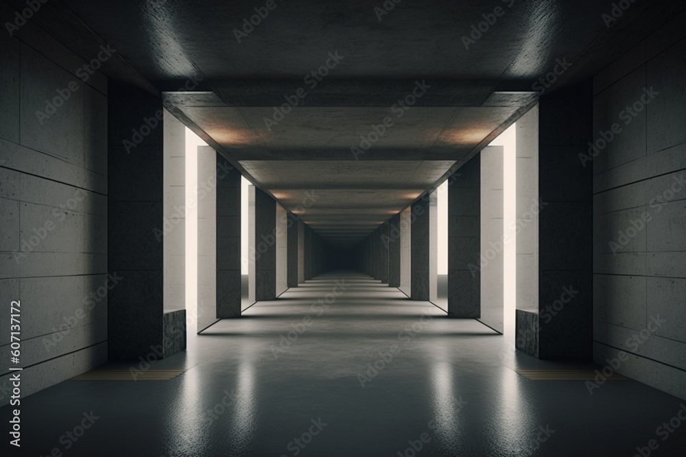 Futuristic underground corridor with colorful lights Generative AI