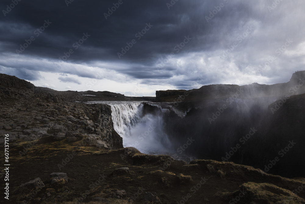 The majestic Dettifoss Waterfall in Iceland, the most powerful waterfall in europe under a dramatic sky