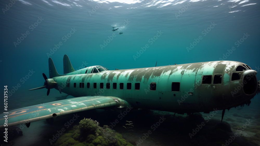 Naklejka premium Airplane on abandoned ruins under the sea, underwater photo, AI Generated