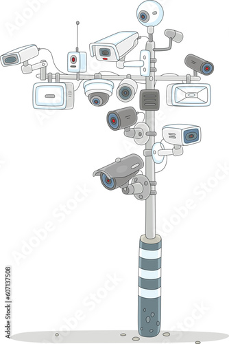 Many surveillance cameras on a road post for covert control, recording violations and shadowing, vector cartoon illustration isolated on a white background