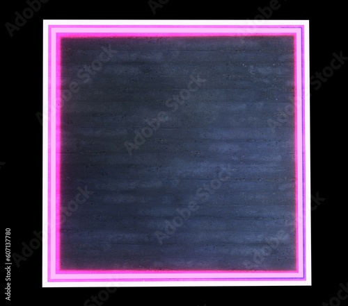 Neon square frame on concrete wall background. Laser dark glitch 3d render flare of cyberpunk 80s. Digital billboard with with lines of purple distortion. Futuristic electric advertising synthwave
