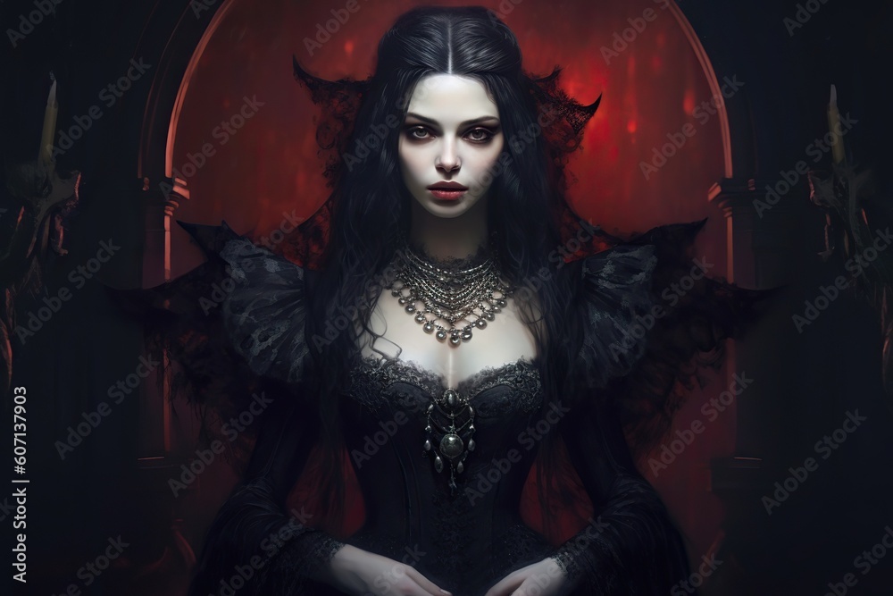 Portrait of gothic vampire queen with dark makeup, beautiful woman. Generative AI