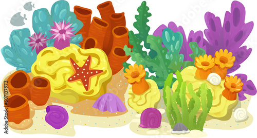 Fototapeta Naklejka Na Ścianę i Meble -  cartoon scene with coral reef with swimming cheerful fish isolated element illustration for children