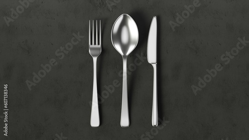 Steel spoon, fork, and knife lie parallel to each other on a dark concrete surface