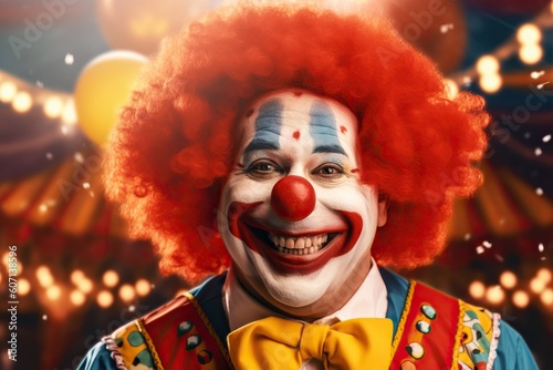 Fotografija Portrait of happy clown with smiling face and red nose standing in vintage circus