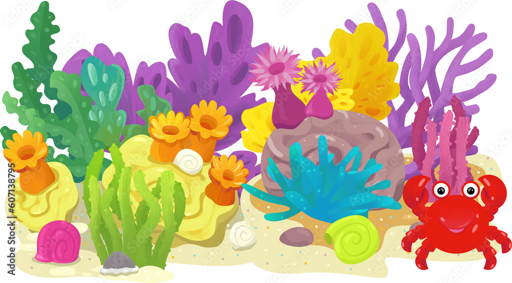 cartoon scene with coral reef with swimming cheerful fish isolated element illustration for children