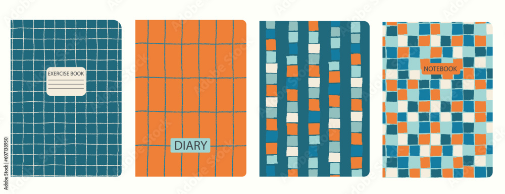 Set of cover bright page templates based on grid seamless patterns, spiral lines, plaid pattern. Plaid backgrounds for school notebooks, diaries. Headers isolated and replaceable Set of cover bright page templates based on grid seamless patterns, spiral lines, plaid pattern. Plaid backgrounds for school notebooks, diaries. Headers isolated and replaceable