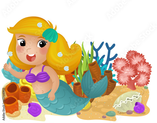 cartoon scene with coral reef with swimming mermaid girl princess isolated element illustration for kids