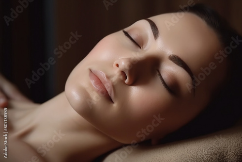 portrait of girl resting on massage couch in beauty salon spa. Generative AI illustration