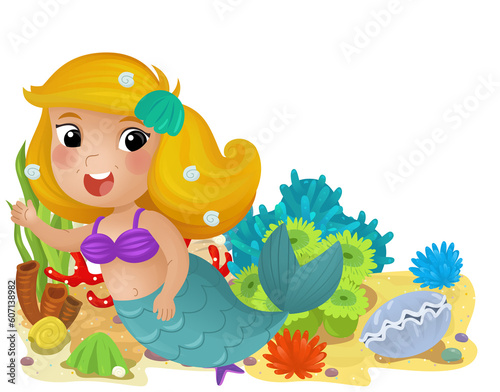 cartoon scene with coral reef with swimming mermaid girl princess isolated element illustration for kids