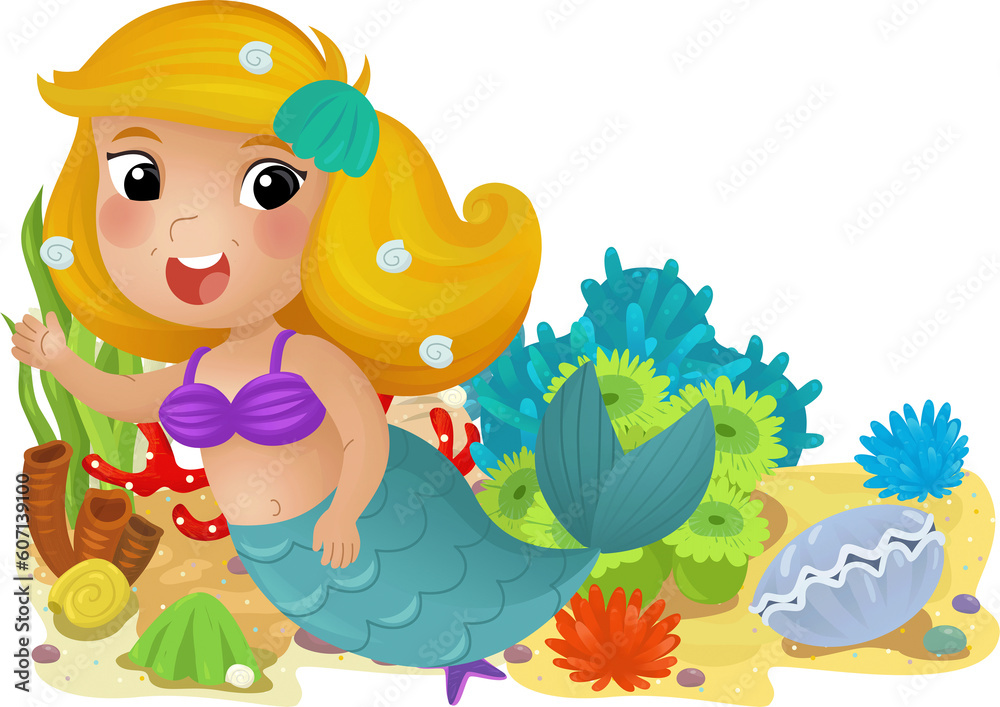 Naklejka premium cartoon scene with coral reef with swimming mermaid girl princess isolated element illustration for kids