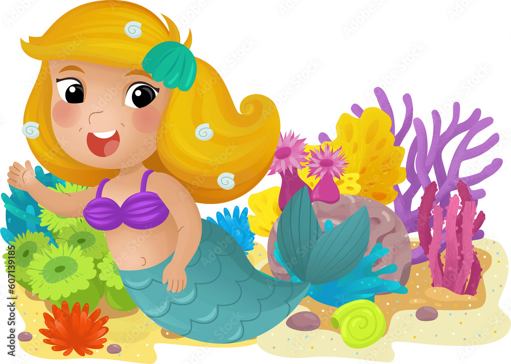 Fototapeta premium cartoon scene with coral reef with swimming mermaid girl princess isolated element illustration for kids
