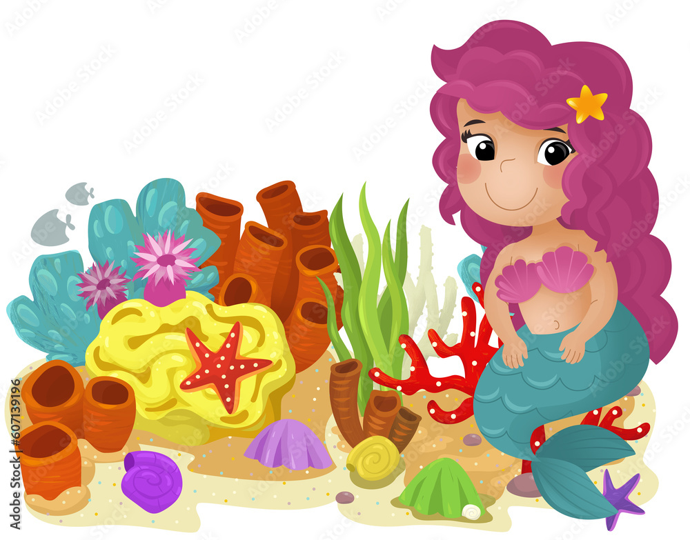 cartoon scene with coral reef with swimming mermaid girl princess isolated element illustration for kids cartoon scene with coral reef with swimming mermaid girl princess isolated element illustration for kids