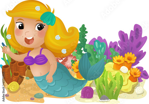 Fototapeta Naklejka Na Ścianę i Meble -  cartoon scene with coral reef with swimming mermaid girl princess isolated element illustration for kids