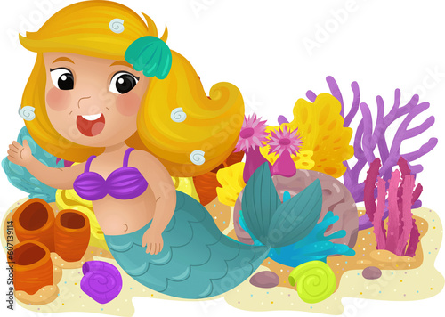 cartoon scene with coral reef with swimming mermaid girl princess isolated element illustration for kids