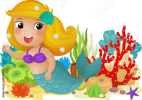 cartoon scene with coral reef with swimming mermaid girl princess isolated element illustration for kids