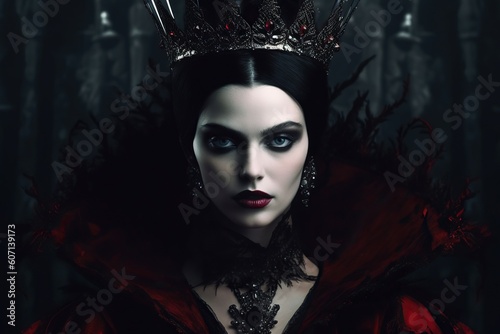 Fashion portrait of gothic vampire queen with beautiful dark makeup. Generative AI photo