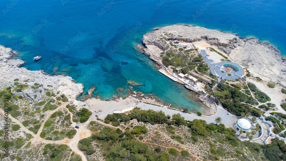 Kalithea Springs Therme and Beach, Aerial Drone View, Rhodes,Greece.