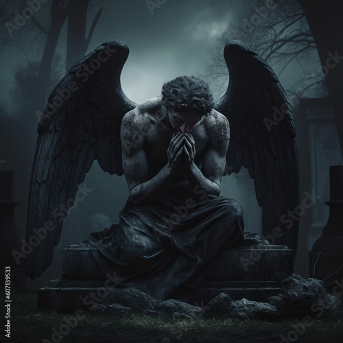 A sad angel in a cemetery. Generative AI