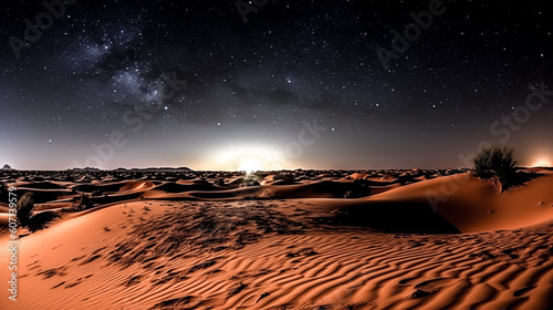A sand and desert landscape was illuminated under a dark sky at night - generative ai.