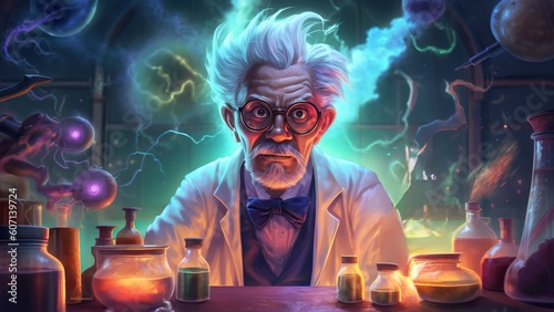 Mad scientist or crazy professor cartoon character in science lab. Generative AI