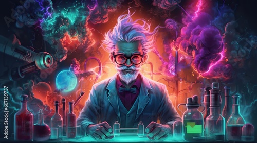 Mad scientist or crazy professor cartoon character in science lab. Generative AI © iridescentstreet