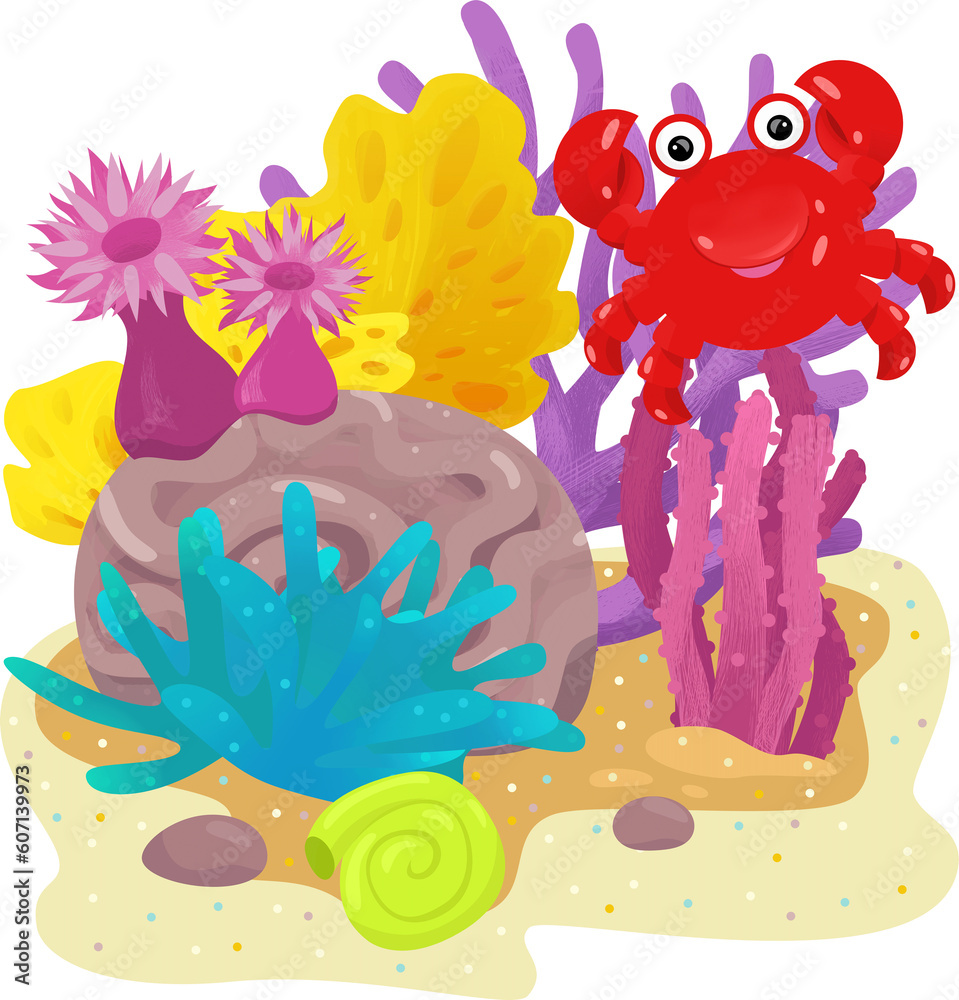 cartoon scene with coral reef with swimming crab fish isolated element illustration for kids cartoon scene with coral reef with swimming crab fish isolated element illustration for kids
