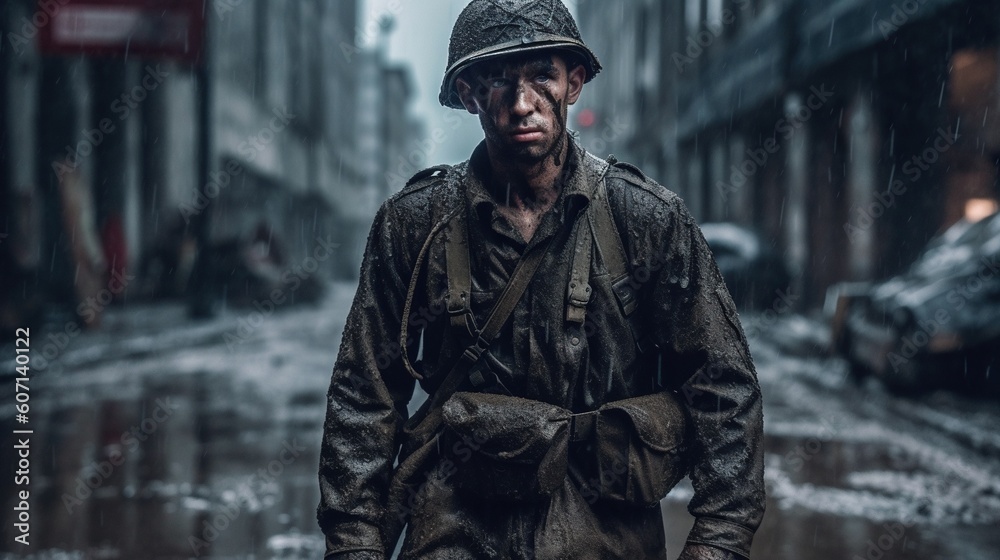 Portrait of ww2 soldier under the rain. World War II. Generative AI Portrait of ww2 soldier under the rain. World War II. Generative AI