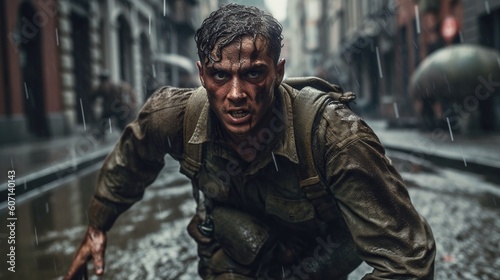 Portrait of ww2 soldier running under the rain. World War II. Generative AI