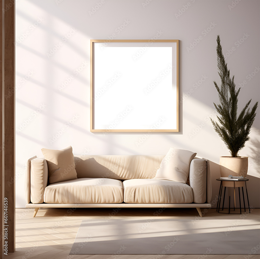 Mockup cuadro. Diseño de interiores. Interior moderno. Cuadro. Mockup. Madera. Minimal. Cálido. Fondo transparente. Archivo png. Generado con IA. 