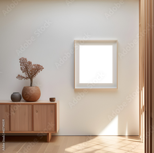 Mockup cuadro. Diseño de interiores. Interior moderno. Cuadro. Mockup. Madera. Minimal. Cálido. Fondo transparente. Archivo png. Generado con IA. 