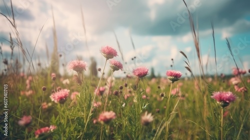 pink flowers on a green field. Generative AI