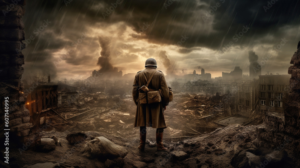 Epic back view of WW2 soldier on battlefield in destroyed eurpoean town. World War II. Generative AI Epic back view of WW2 soldier on battlefield in destroyed eurpoean town. World War II. Generative AI