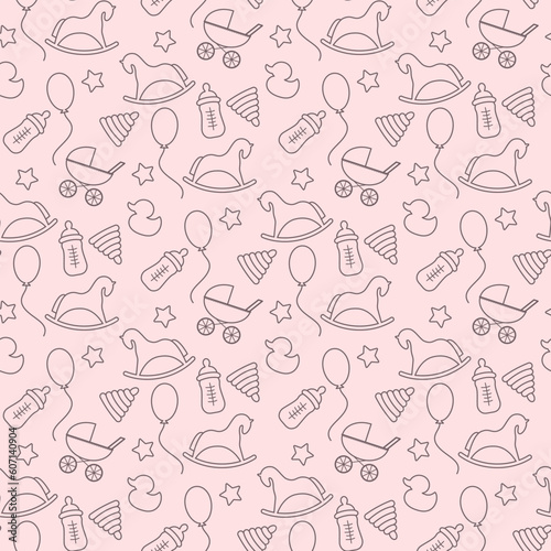 monochrome seamless pattern with baby elements contour 