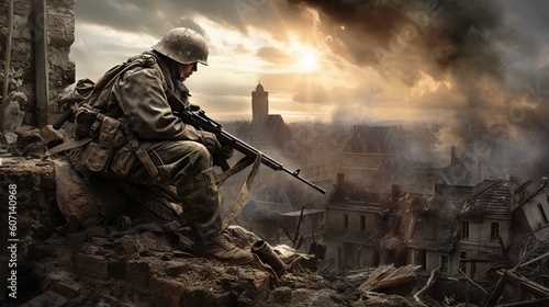 Epic back view of WW2 soldier on battlefield in destroyed eurpoean town. World War II. Generative AI photo