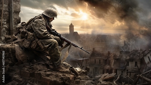 Epic back view of WW2 soldier on battlefield in destroyed eurpoean town. World War II. Generative AI