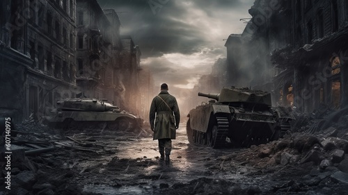 Epic back view of WW2 soldier on battlefield in destroyed eurpoean town. World War II. Generative AI photo